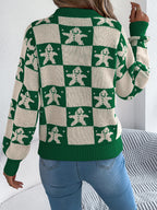 Snowflake Plaid Lantern Sleeve Pullover Sweater