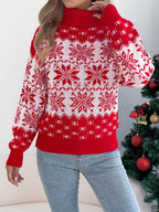 Snowflake Pattern Lantern Sleeve Turtleneck Pullover Sweater